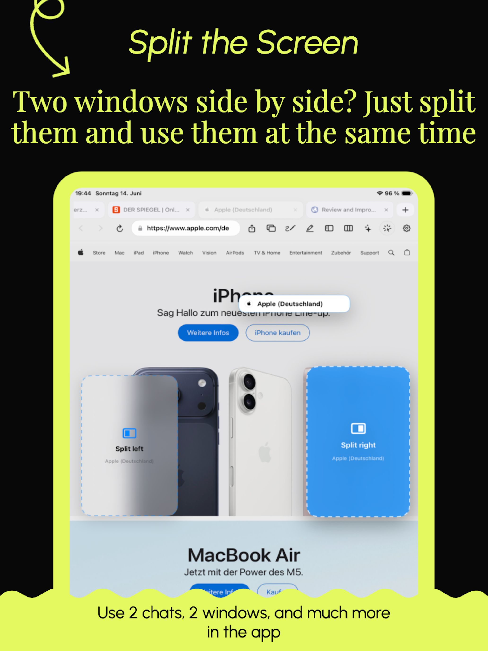 KiBrowser Split Screen auf dem iPad